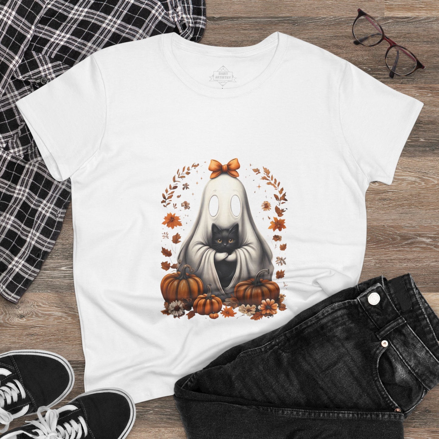 Cute Ghost and Black Cat Halloween T-Shirt | Cozy Fall Pumpkin Shirt | Spooky Season Aesthetic Apparel Gift for Halloween Lovers