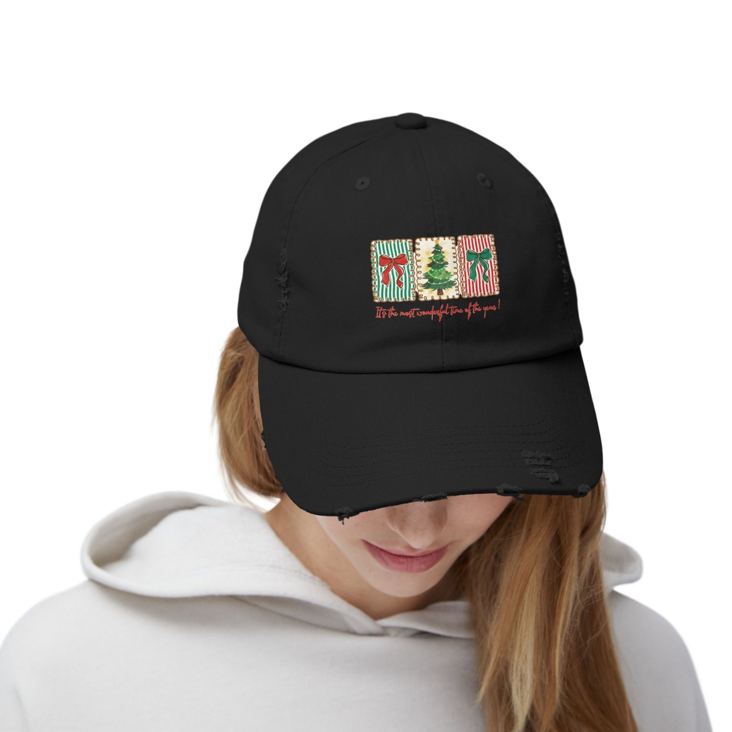 Festive Christmas Tree & Bow Design | It’s the Most Wonderful Time of the Year – Holiday Shirt, Mug, Tote & Home Decor Distressed cap
