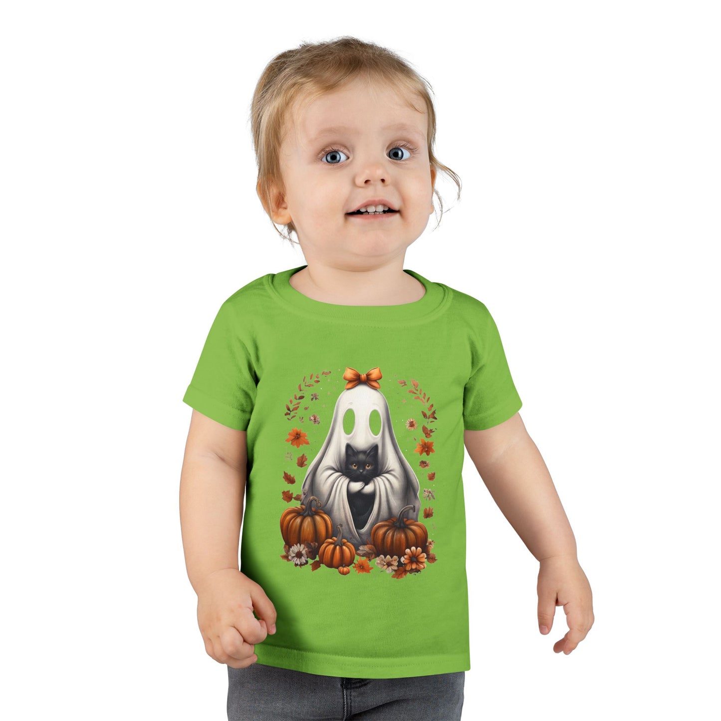 Cute Ghost and Black Cat Halloween T-Shirt | Cozy Fall Pumpkin Shirt | Spooky Season Aesthetic Apparel Gift for Halloween Lovers Toddler T-Shirt