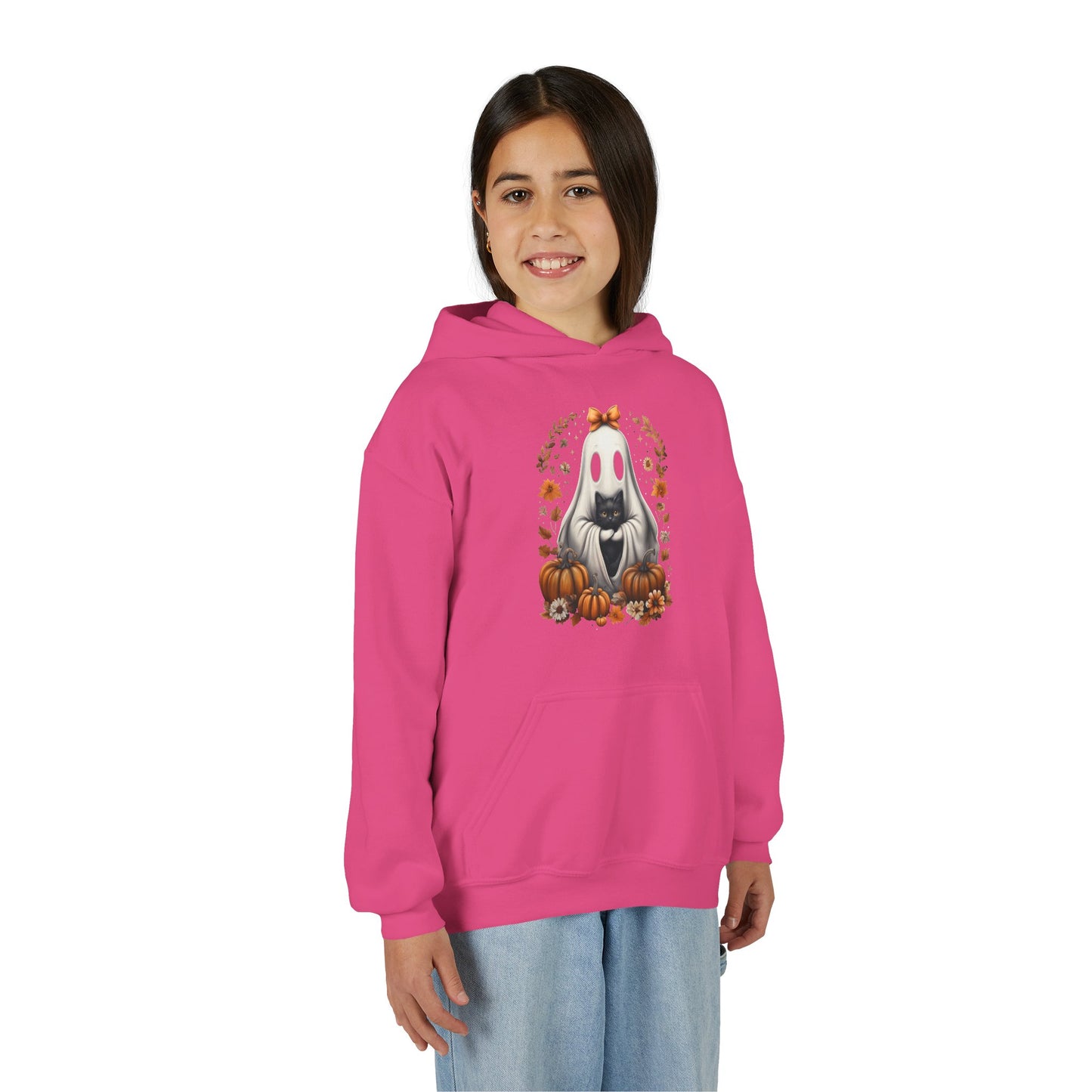 Cute Ghost and Black Cat Halloween T-Shirt | Cozy Fall Pumpkin Shirt | Spooky Season Aesthetic Apparel Gift for Halloween Lovers Kids Hoodie