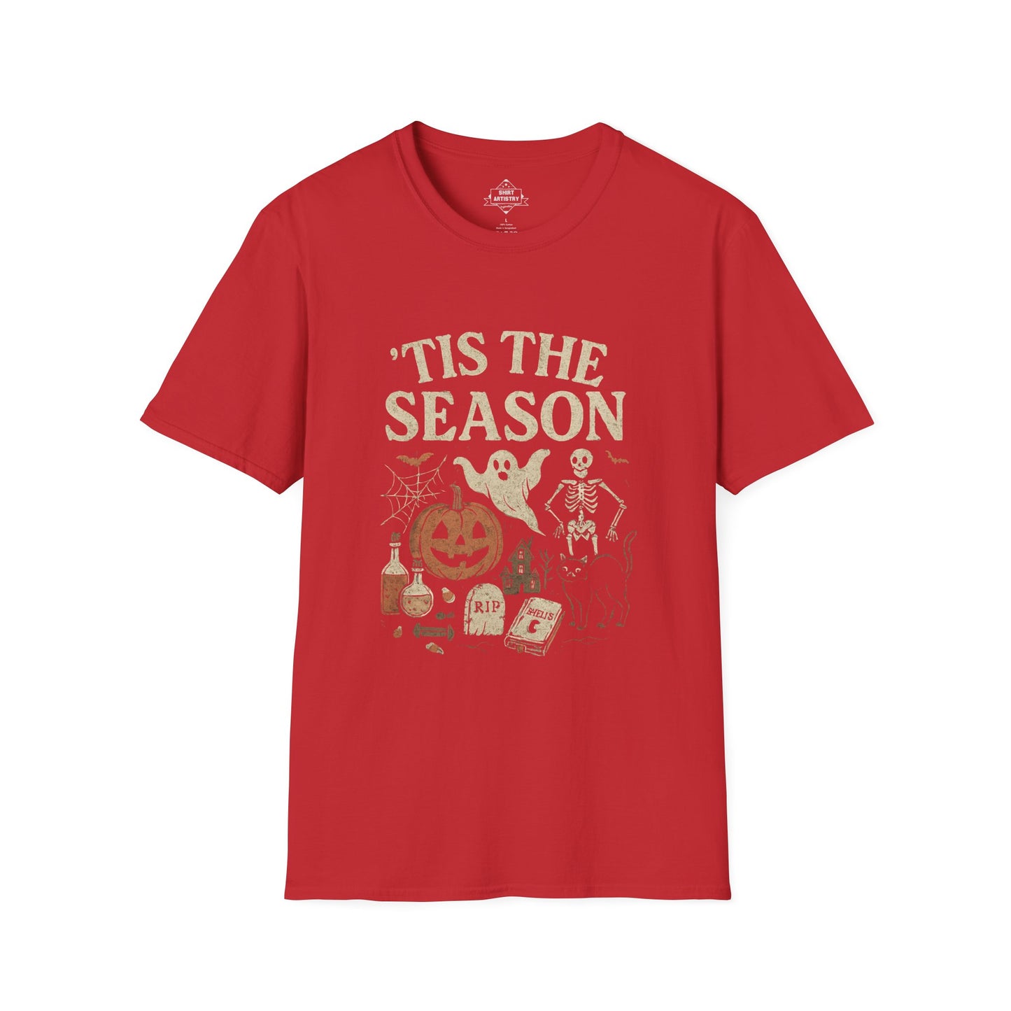 ‘Tis the Season Halloween T‑Shirt | Vintage Spooky Season Shirt with Ghost, Skeleton & Pumpkin | Retro Halloween Graphic Tee for Fall