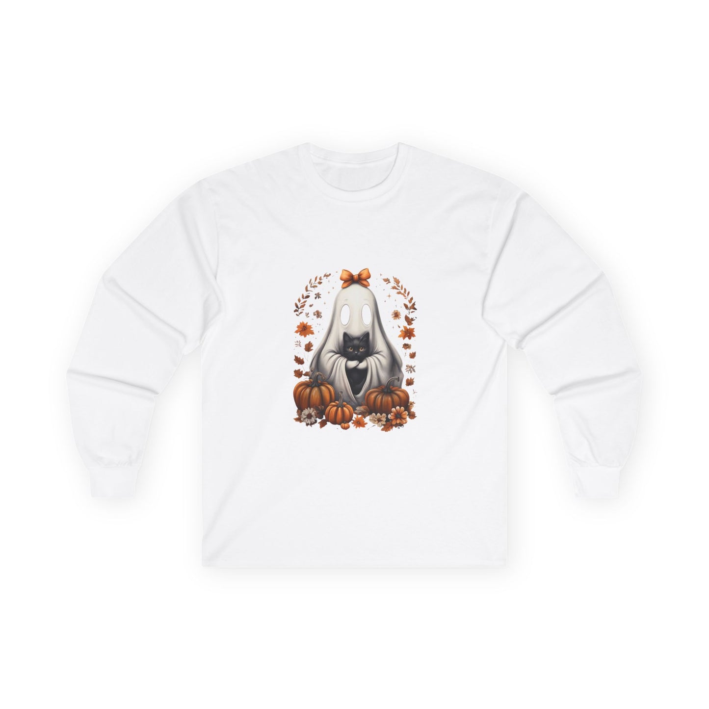 Cute Ghost and Black Cat Halloween T-Shirt | Cozy Fall Pumpkin Shirt | Spooky Season Aesthetic Apparel Gift for Halloween Lovers