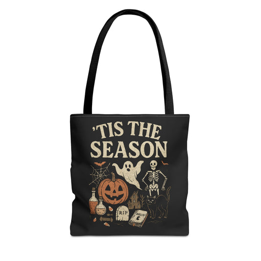 'Tis the Season Halloween Tote Bag, Spooky Bag, Trick or Treat Bag, Autumn Accessories, Ghost & Pumpkin Design Tote Bags