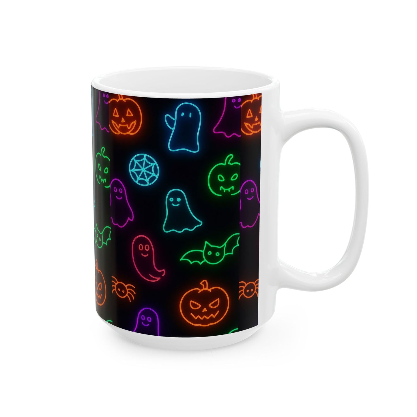 Neon Halloween Pattern | Cute Ghosts, Pumpkins & Bats Glow Design Ceramic Mug