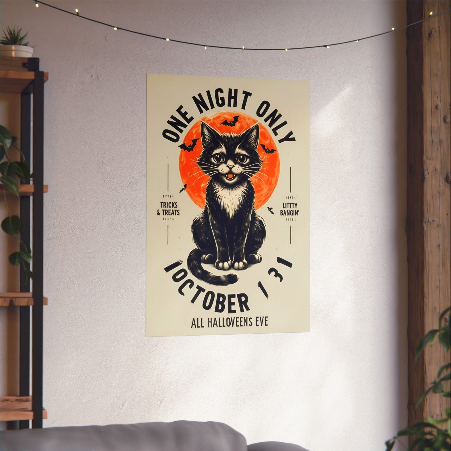 Halloween Black Cat Design | One Night Only October 31 Vintage Artwork Design Poster