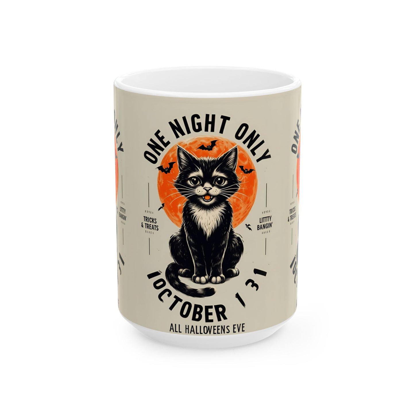 Halloween Black Cat Design | One Night Only October 31 Vintage Artwork Ceramic Mug