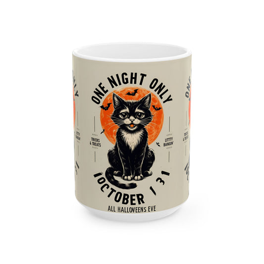 Halloween Black Cat Design | One Night Only October 31 Vintage Artwork Ceramic Mug