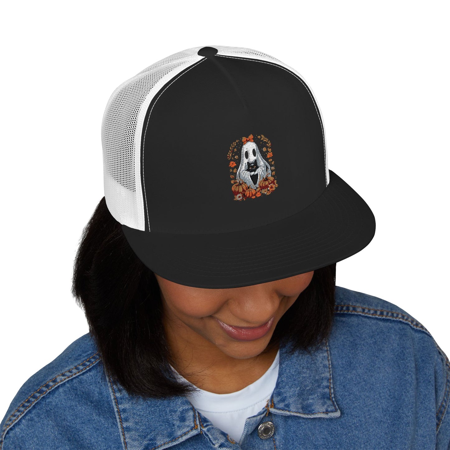 Cute Ghost and Black Cat Halloween T-Shirt | Cozy Fall Pumpkin Shirt | Spooky Season Aesthetic Apparel Gift for Halloween Lovers 5 Panel Trucker