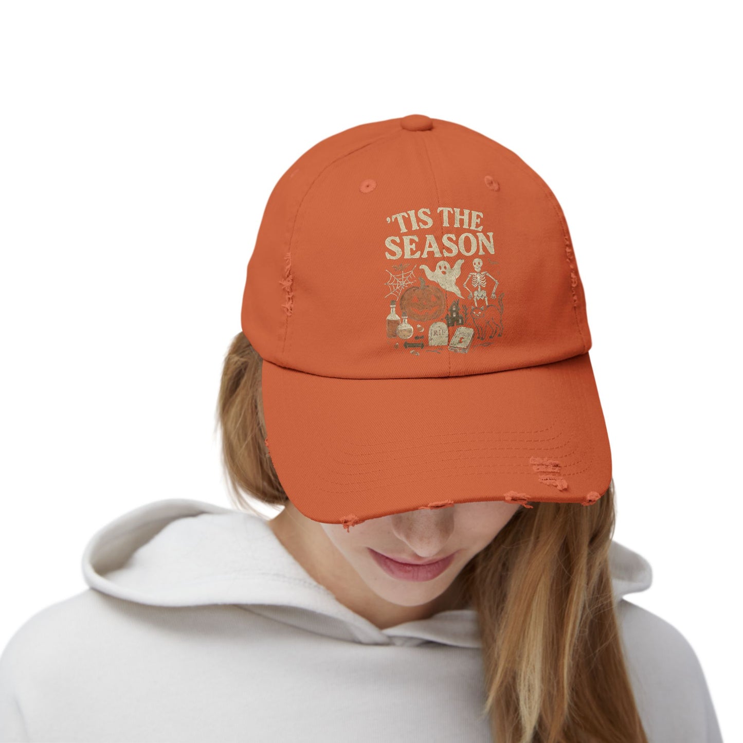 ‘Tis the Season Halloween  | Vintage Spooky Season Shirt with Ghost, Skeleton & Pumpkin | Retro Halloween Graphic Tee for Fall Distressed cap