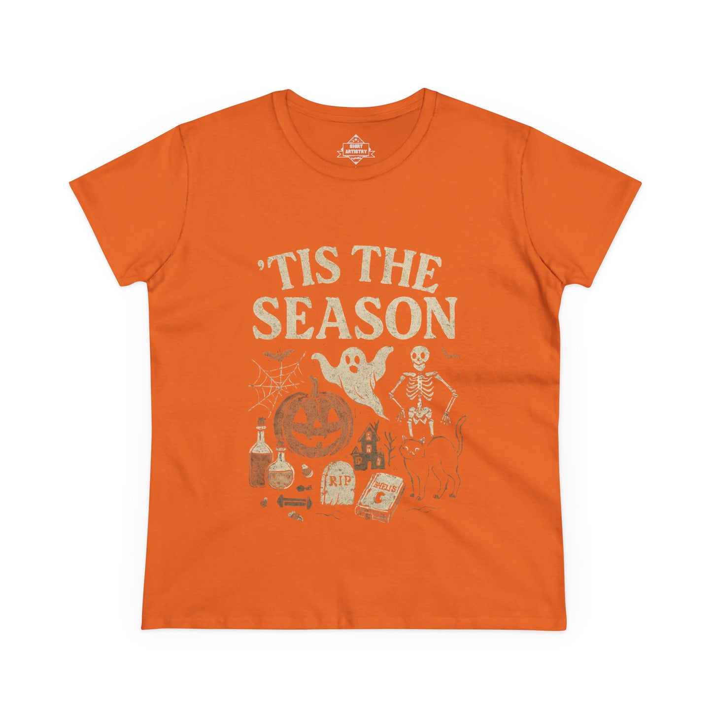 ‘Tis the Season Halloween T‑Shirt | Vintage Spooky Season Shirt with Ghost, Skeleton & Pumpkin | Retro Halloween Graphic Tee for Fall