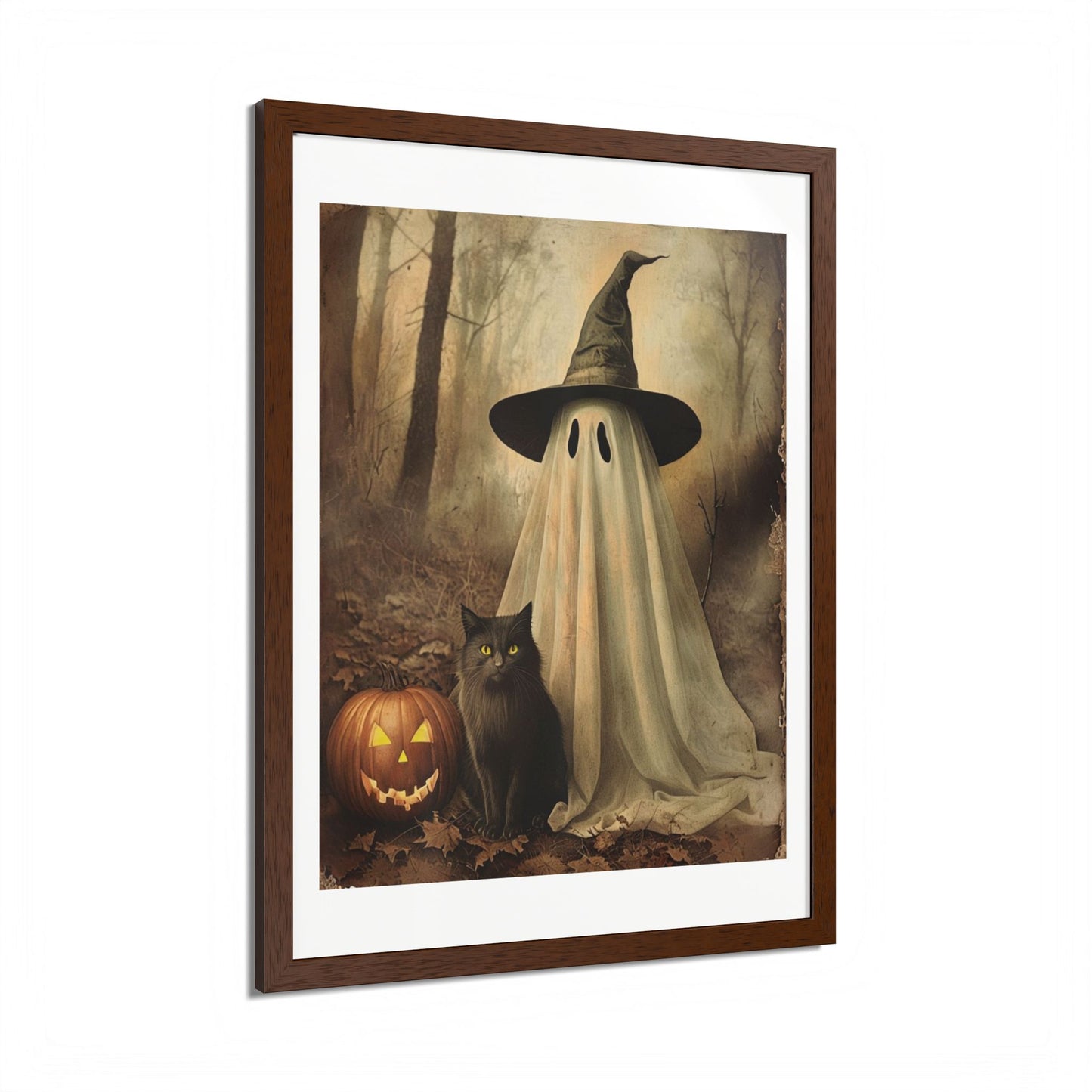 Halloween Framed Poster, Ghost and Cat Art, Spooky Home Decor, Fall Decoration, Trick or Treat, Halloween Wall Art, Framed Print