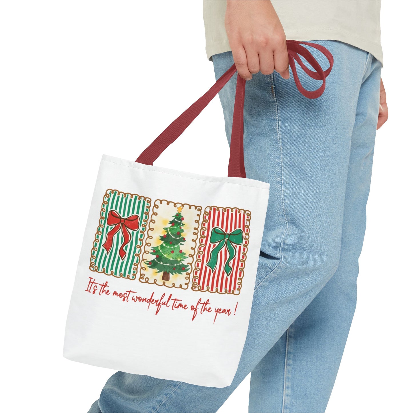 Festive Christmas Tree & Bow Design | It’s the Most Wonderful Time of the Year – Holiday Shirt, Mug, Tote & Home Decor Tote Bags