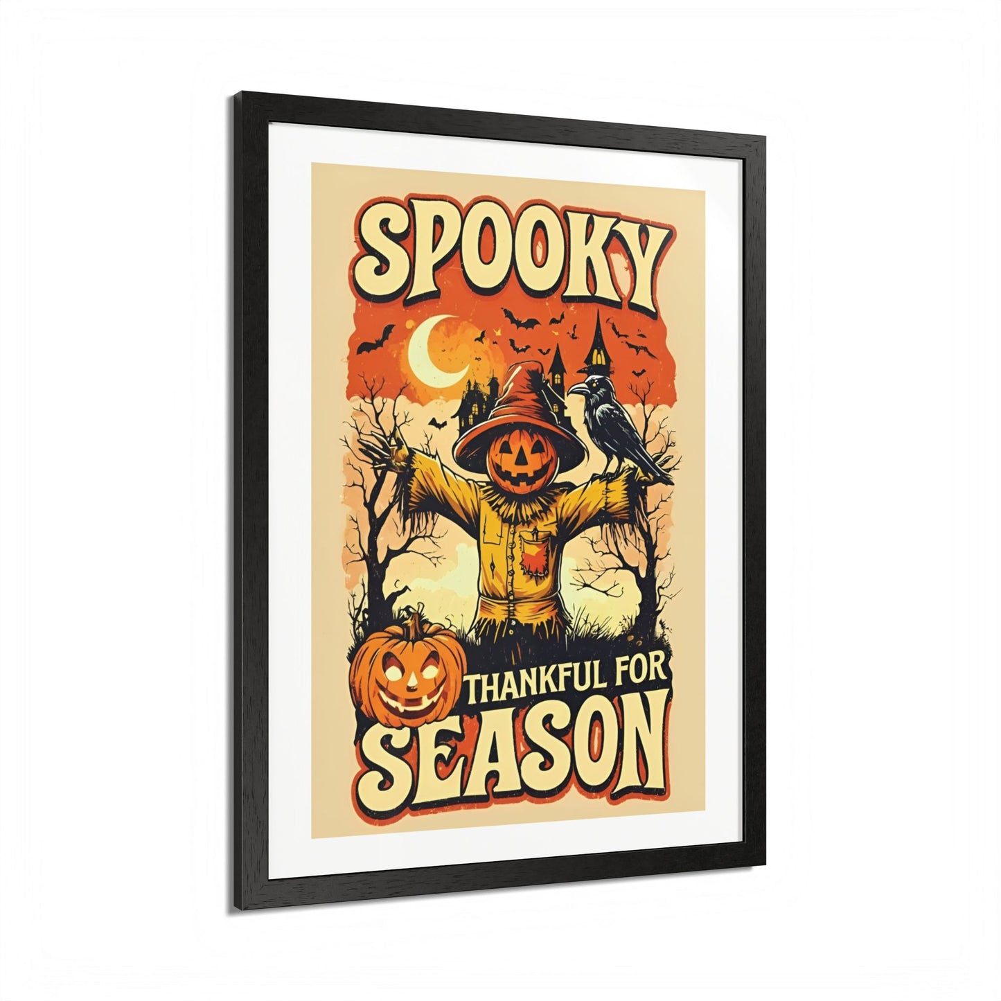 Spooky Thankful for the Season Wall Art – Halloween Pumpkin Scarecrow Poster | Autumn Fall Décor Framed Print