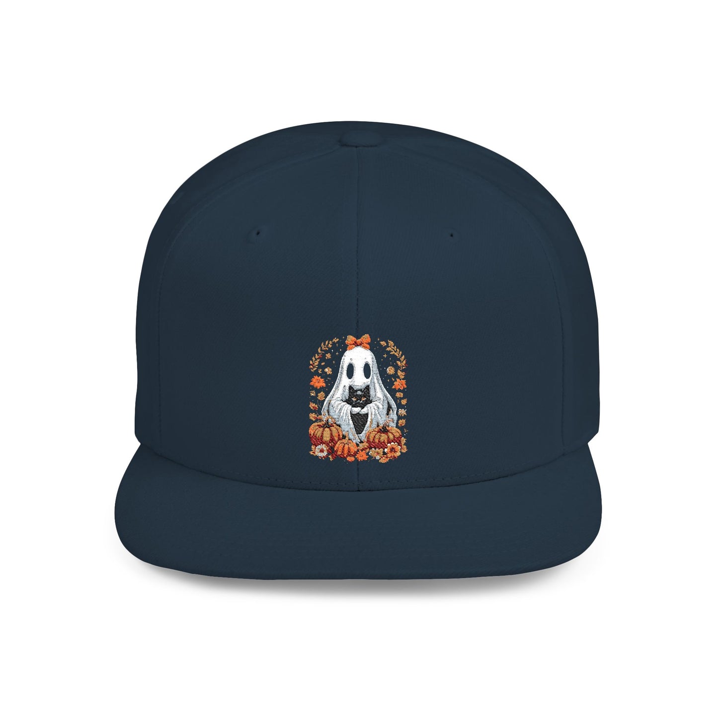 Cute Ghost and Black Cat Halloween T-Shirt | Cozy Fall Pumpkin Shirt | Spooky Season Aesthetic Apparel Gift for Halloween Lovers Snapback Cap