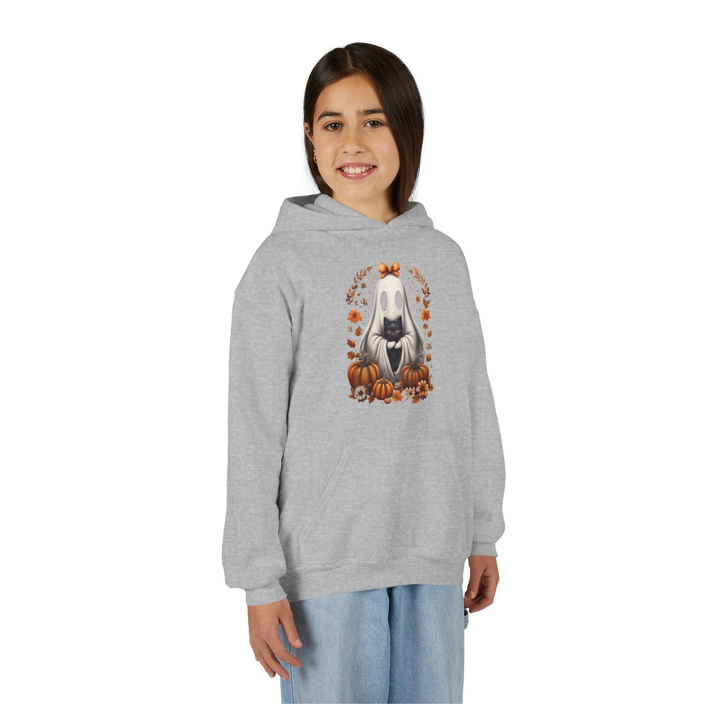 Cute Ghost and Black Cat Halloween T-Shirt | Cozy Fall Pumpkin Shirt | Spooky Season Aesthetic Apparel Gift for Halloween Lovers Kids Hoodie