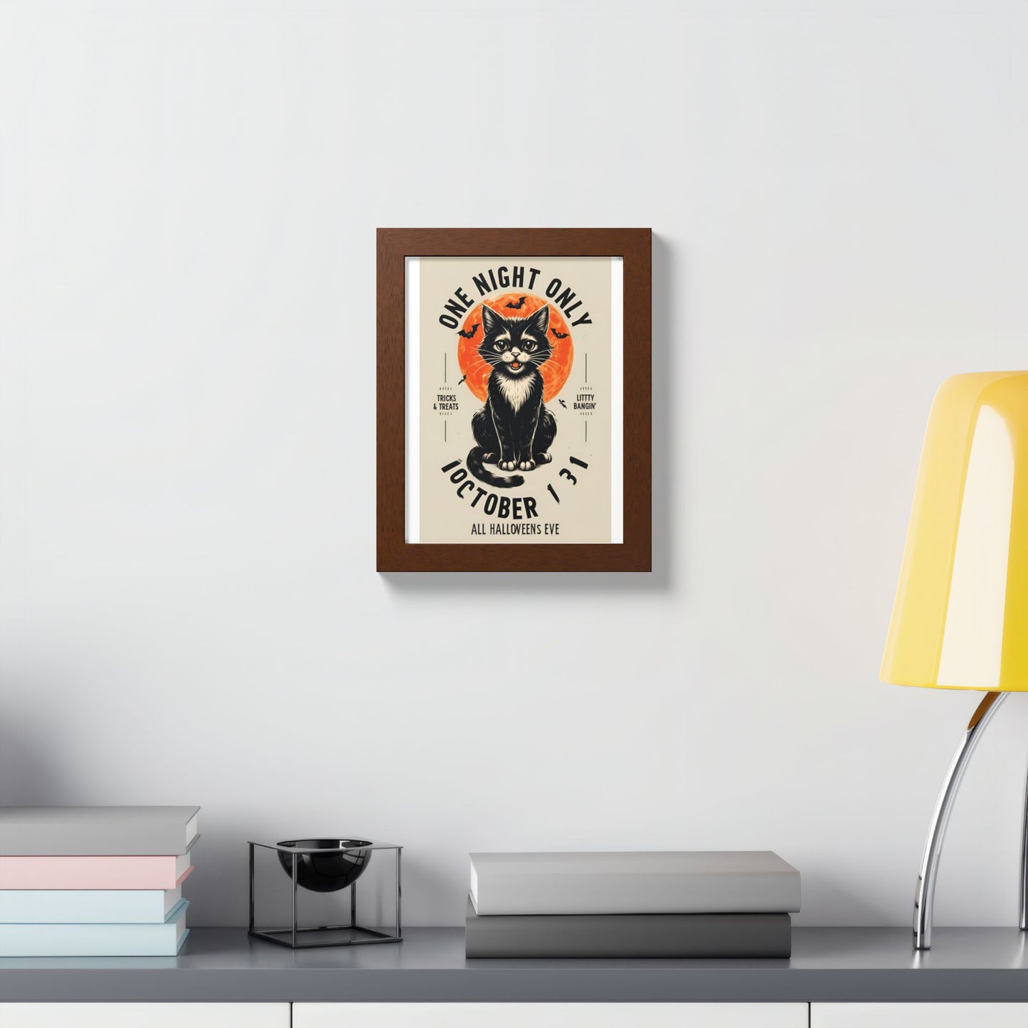 Halloween Black Cat Design | One Night Only October 31 Vintage Artwork Framed Print