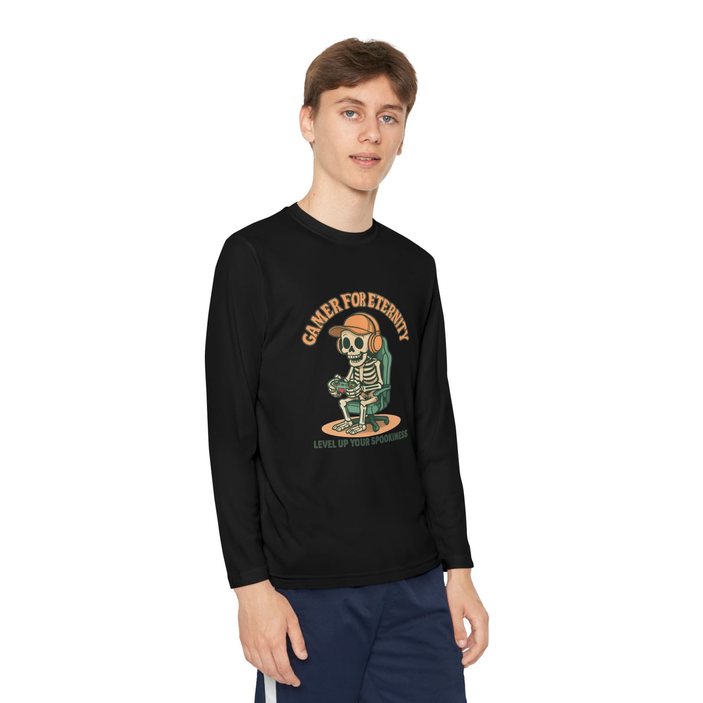 Youth Long Sleeve Gamer Tee | Spooky Skeleton Theme, Perfect for Halloween or Gaming Events, Kids Graphic Shirt, Unisex Casual Wear, Kids Long Sleeves