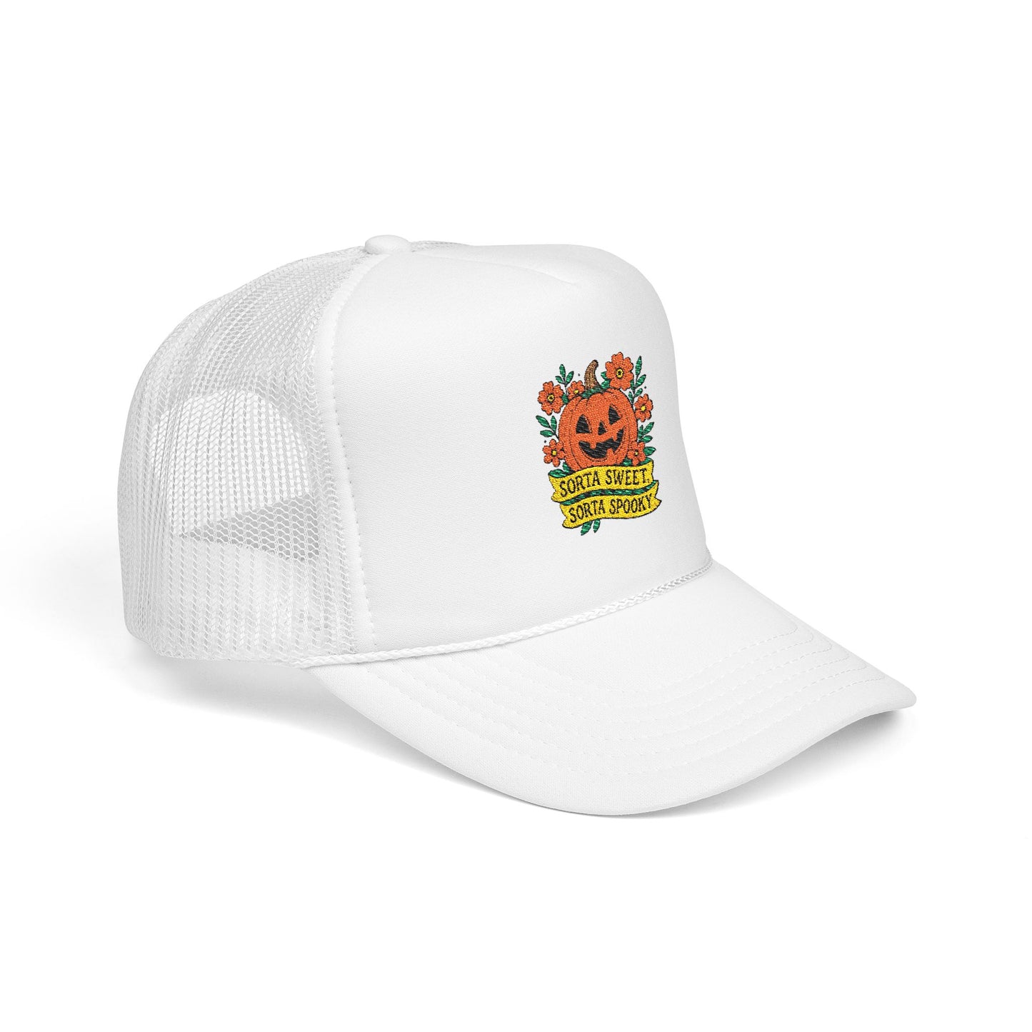 Cute Pumpkin Design – Sorta Sweet, Sorta Spooky Halloween Artwork Trucker Hat Embroidered