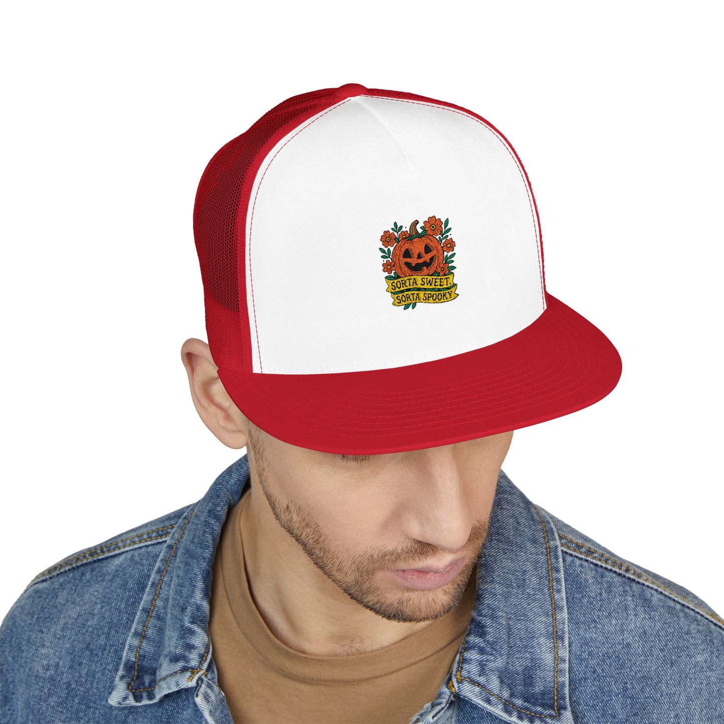 Cute Pumpkin Design – Sorta Sweet, Sorta Spooky Halloween Artwork 5 Panel Trucker
