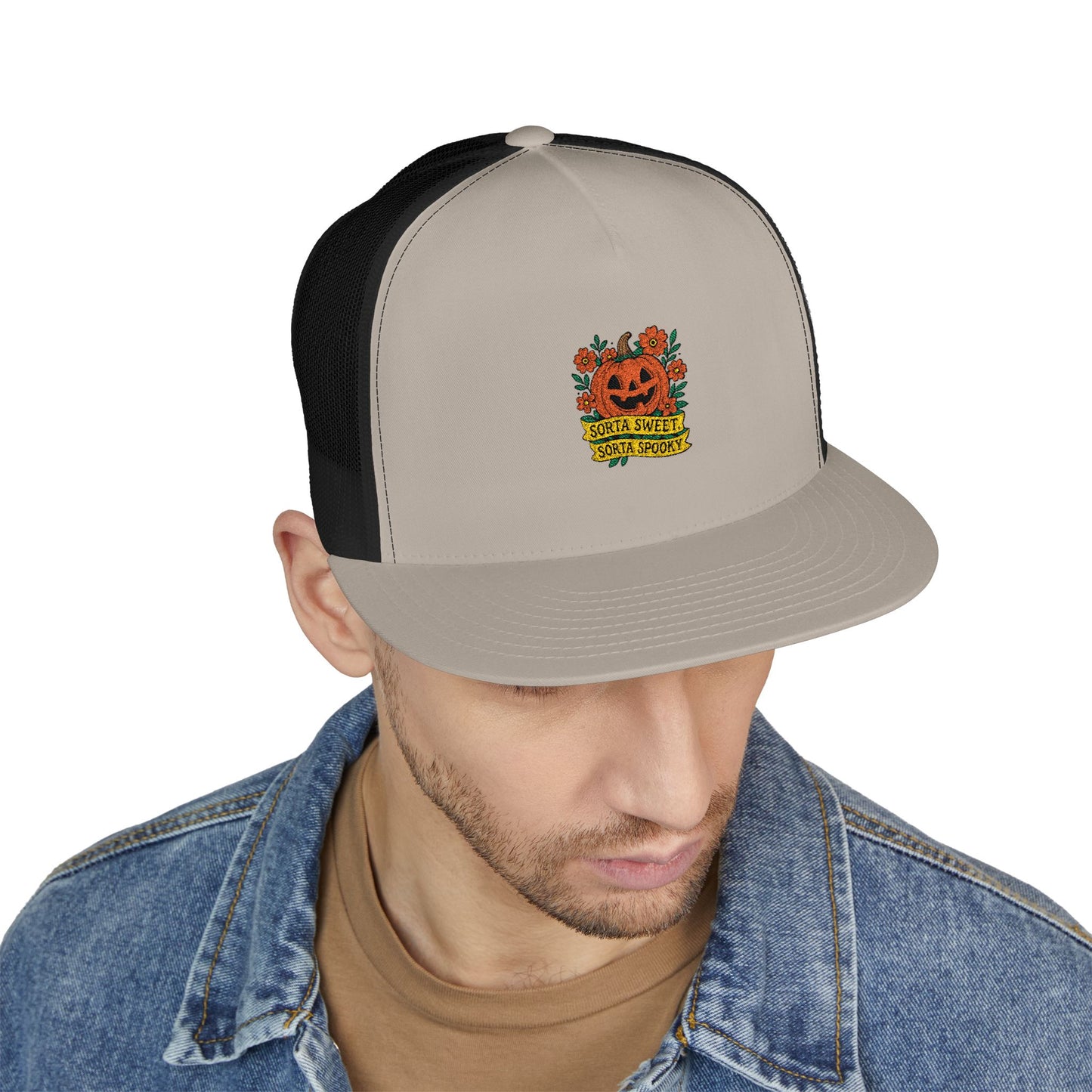Cute Pumpkin Design – Sorta Sweet, Sorta Spooky Halloween Artwork 5 Panel Trucker