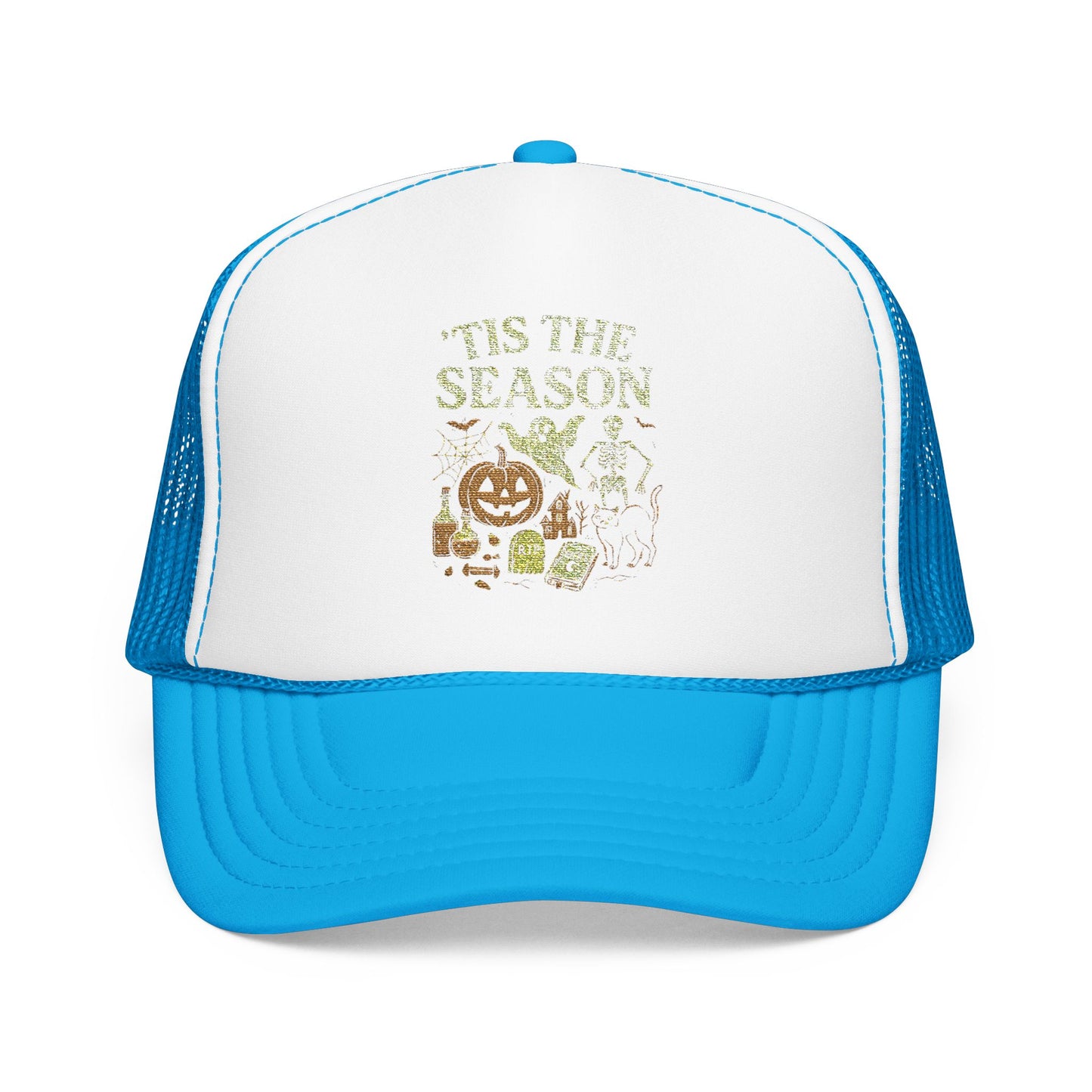 ‘Tis the Season Halloween T‑Shirt | Vintage Spooky Season Shirt with Ghost, Skeleton & Pumpkin | Retro Halloween Graphic Tee for Fall Trucker Hat Embroidered