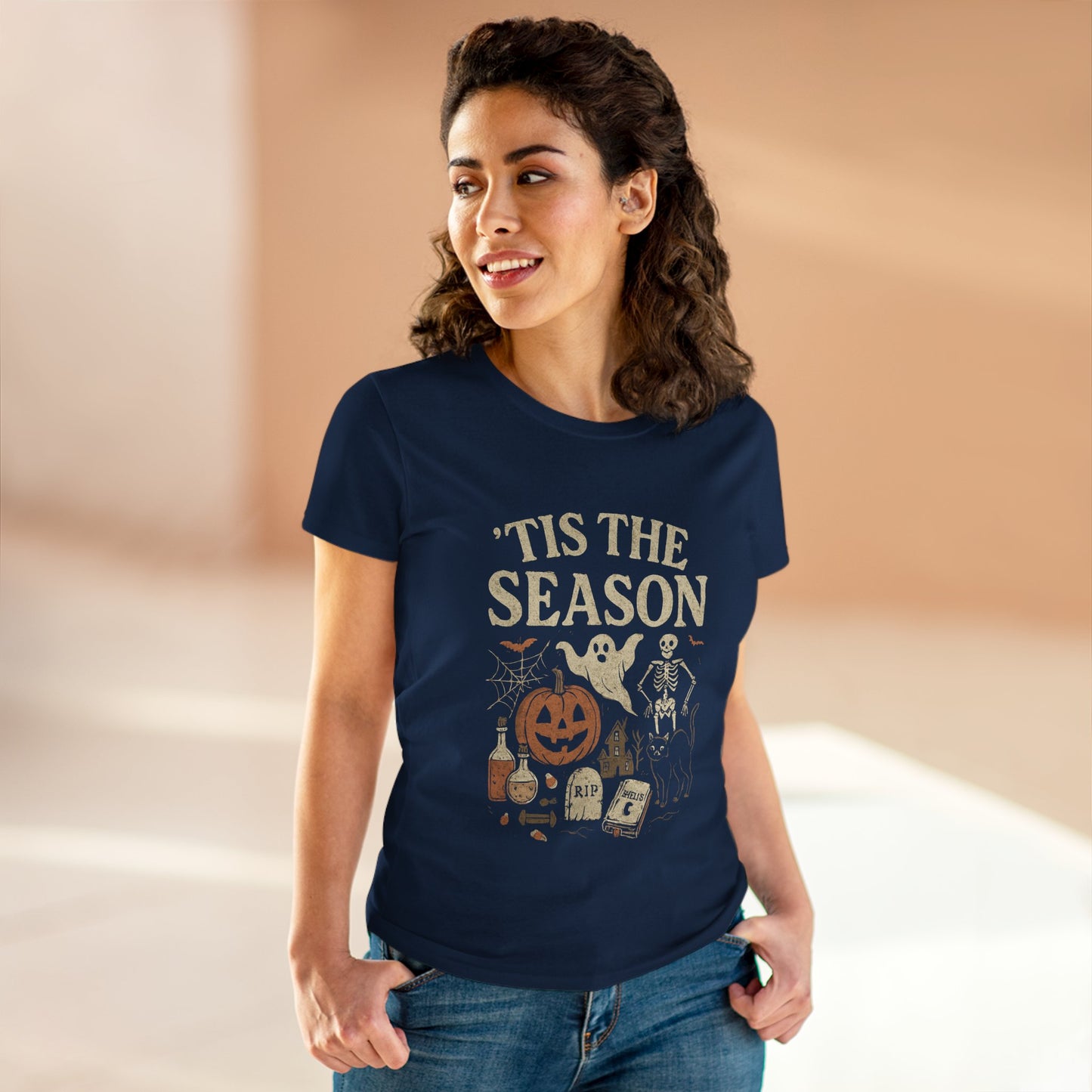 ‘Tis the Season Halloween T‑Shirt | Vintage Spooky Season Shirt with Ghost, Skeleton & Pumpkin | Retro Halloween Graphic Tee for Fall