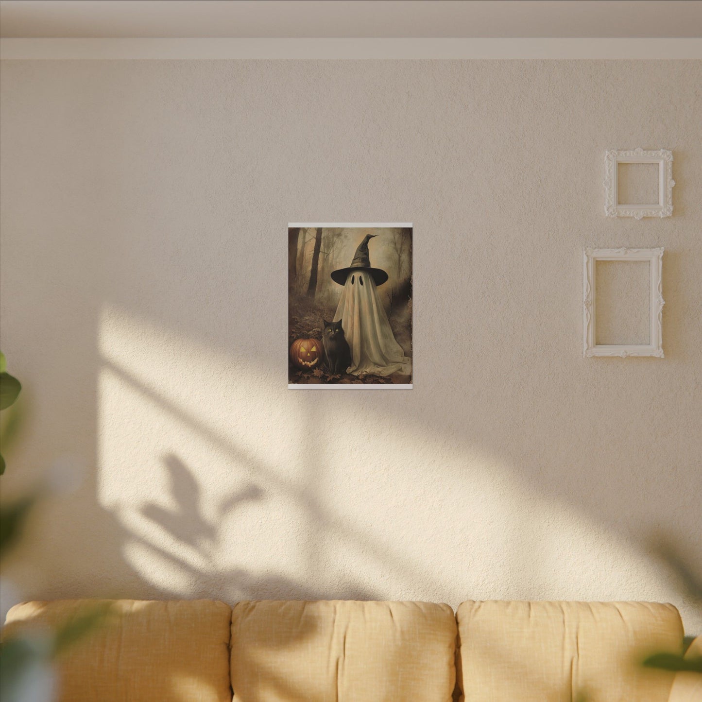 Halloween Ghost Art Canvas Print, Spooky Home Decor, Cat & Pumpkin Wall Art, Witchy Vibe, Fall Season Decoration, Trick or Treat, Canvas Print
