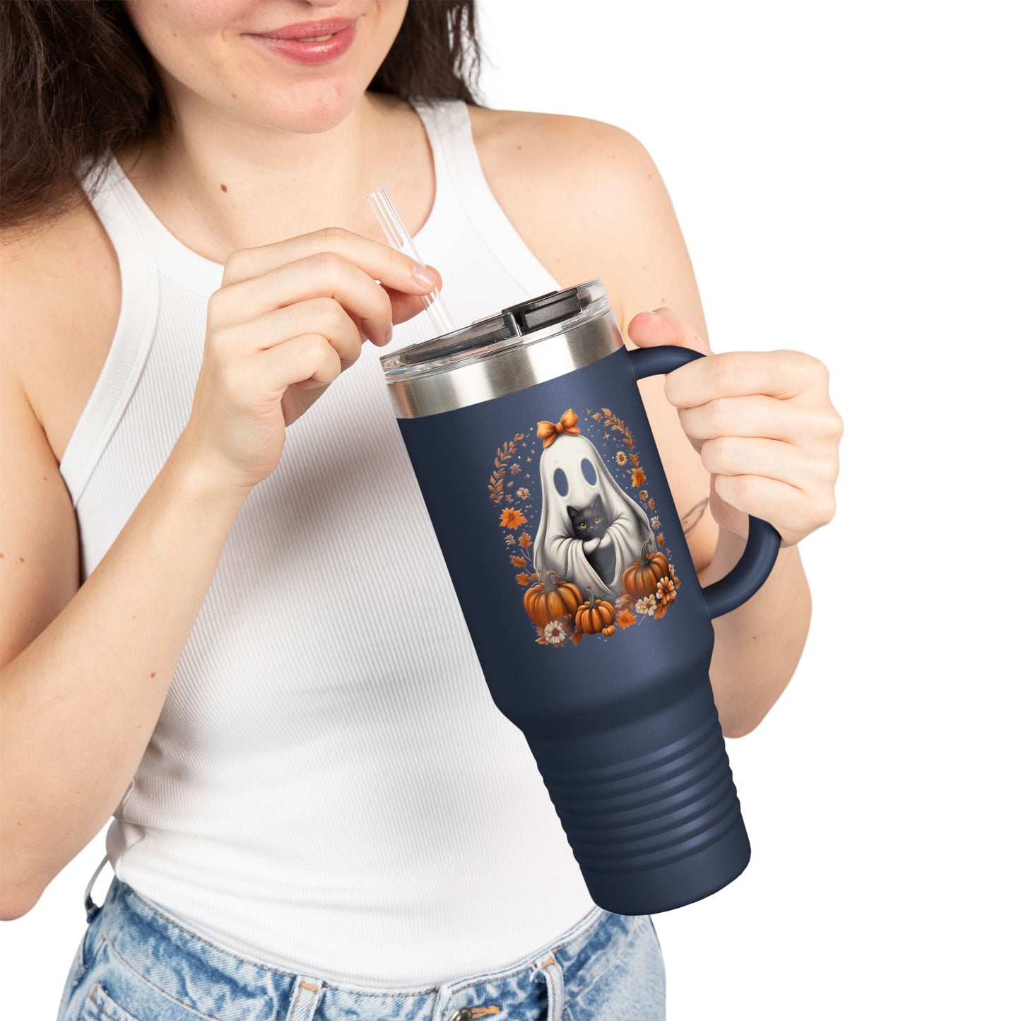 Cute Halloween Ghost T-Shirt | Trendy Witch Ghost Outfit | Spooky Fall Shirt for Women | Pumpkin Aesthetic Halloween Apparel Gift  Travel Mug