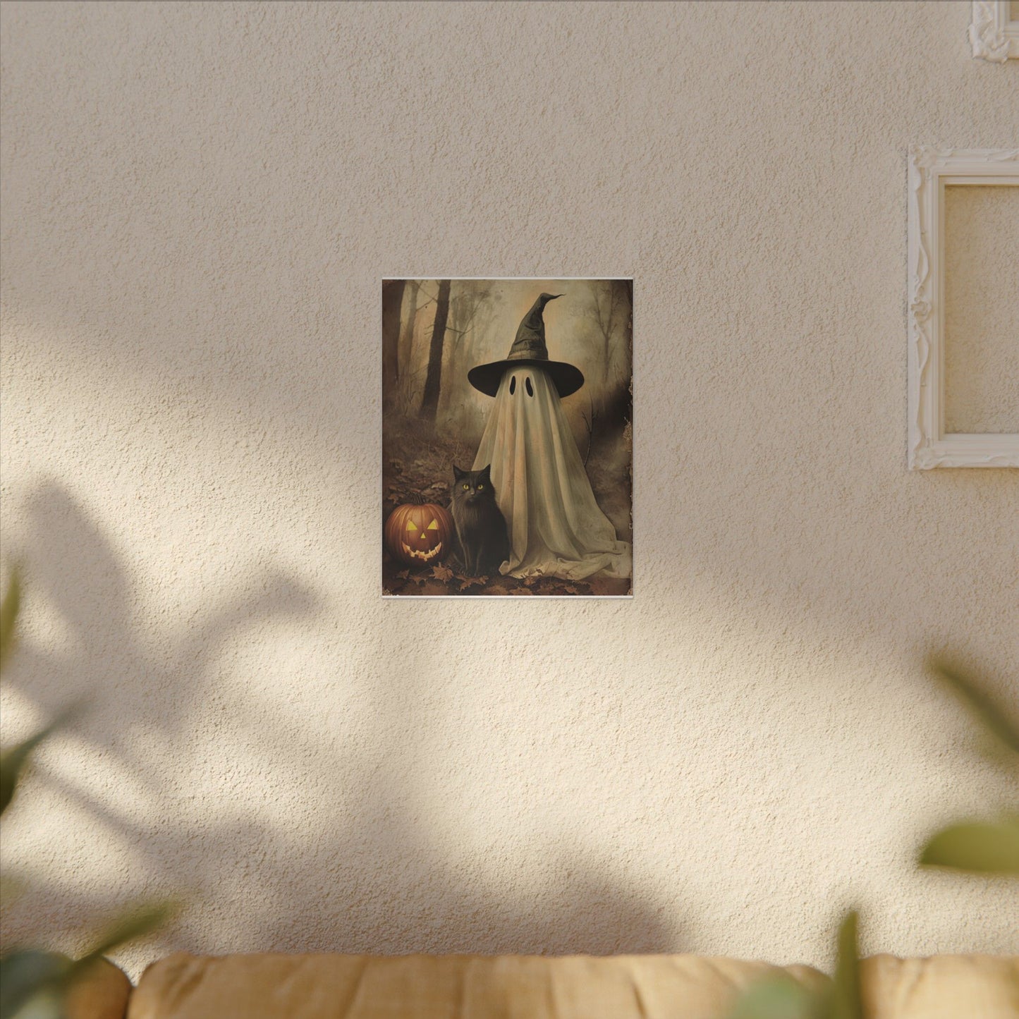Halloween Ghost Art Canvas Print, Spooky Home Decor, Cat & Pumpkin Wall Art, Witchy Vibe, Fall Season Decoration, Trick or Treat, Canvas Print