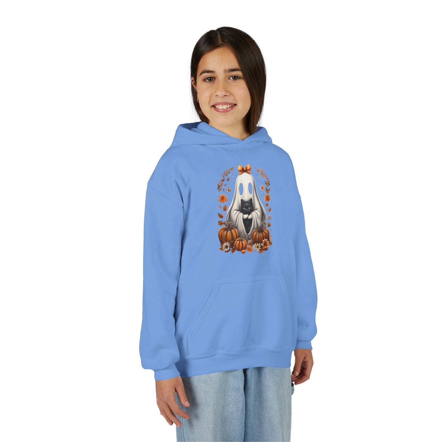 Cute Ghost and Black Cat Halloween T-Shirt | Cozy Fall Pumpkin Shirt | Spooky Season Aesthetic Apparel Gift for Halloween Lovers Kids Hoodie