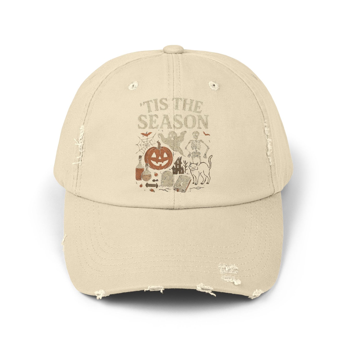 ‘Tis the Season Halloween  | Vintage Spooky Season Shirt with Ghost, Skeleton & Pumpkin | Retro Halloween Graphic Tee for Fall Distressed cap