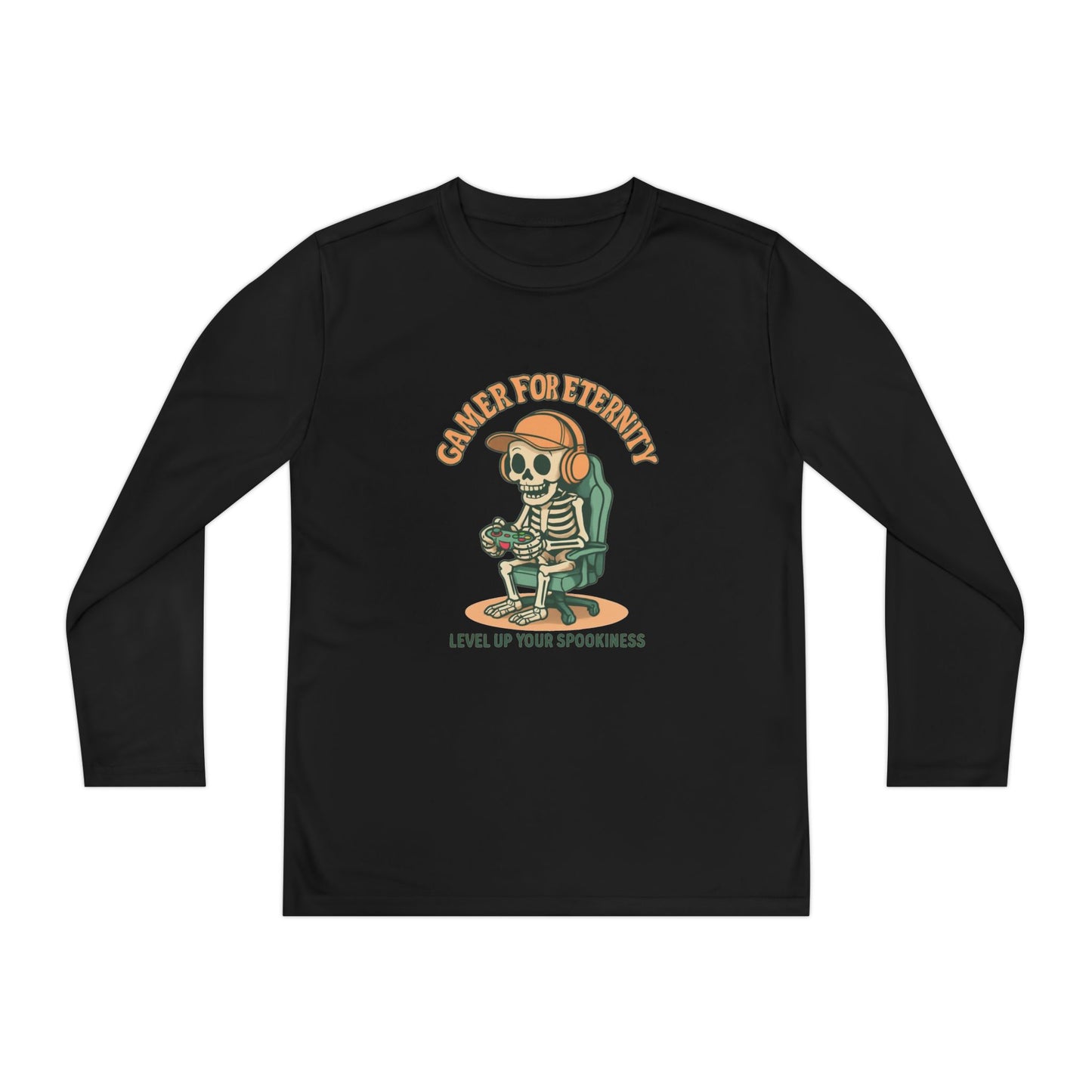 Youth Long Sleeve Gamer Tee | Spooky Skeleton Theme, Perfect for Halloween or Gaming Events, Kids Graphic Shirt, Unisex Casual Wear, Kids Long Sleeves