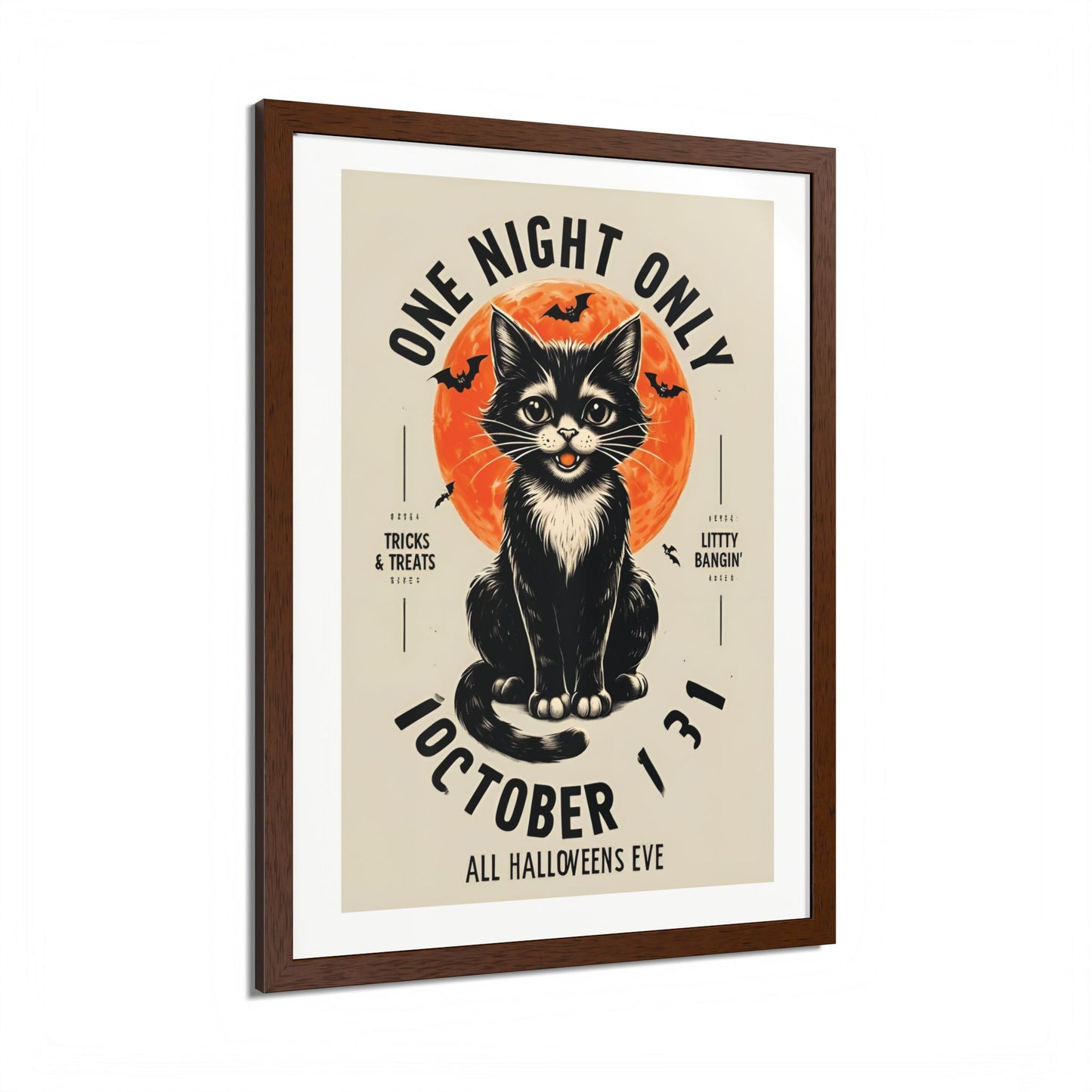 Halloween Black Cat Design | One Night Only October 31 Vintage Artwork Framed Print