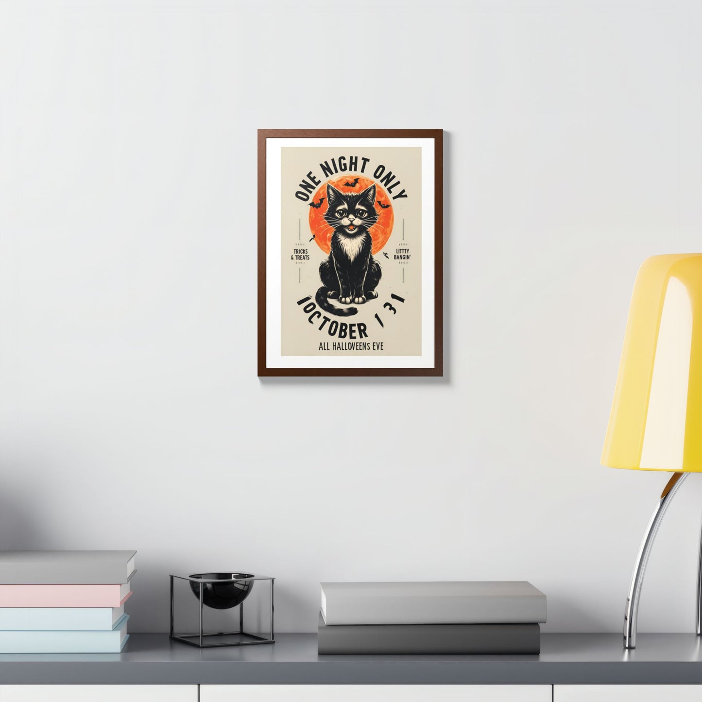 Halloween Black Cat Design | One Night Only October 31 Vintage Artwork Framed Print