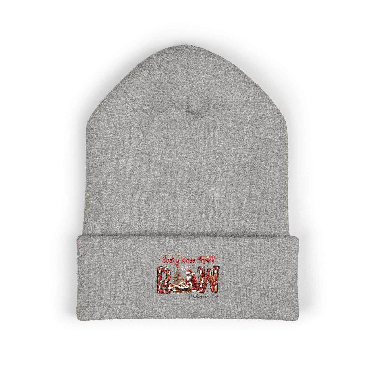 Every Knee Shall Bow Philippians 2:10 | Christian Christmas Design with Santa & Baby Jesus | Faith-Based Holiday Gift Cuffed Beanie