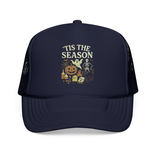 ‘Tis the Season Halloween T‑Shirt | Vintage Spooky Season Shirt with Ghost, Skeleton & Pumpkin | Retro Halloween Graphic Tee for Fall Trucker Hat Embroidered