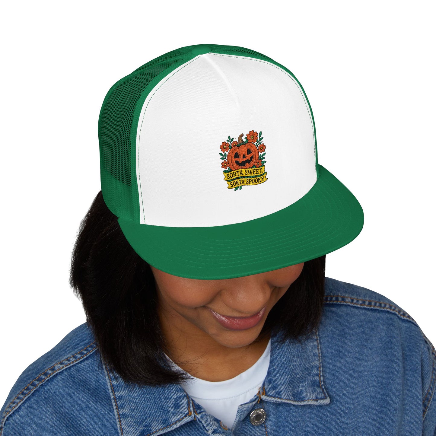 Cute Pumpkin Design – Sorta Sweet, Sorta Spooky Halloween Artwork 5 Panel Trucker