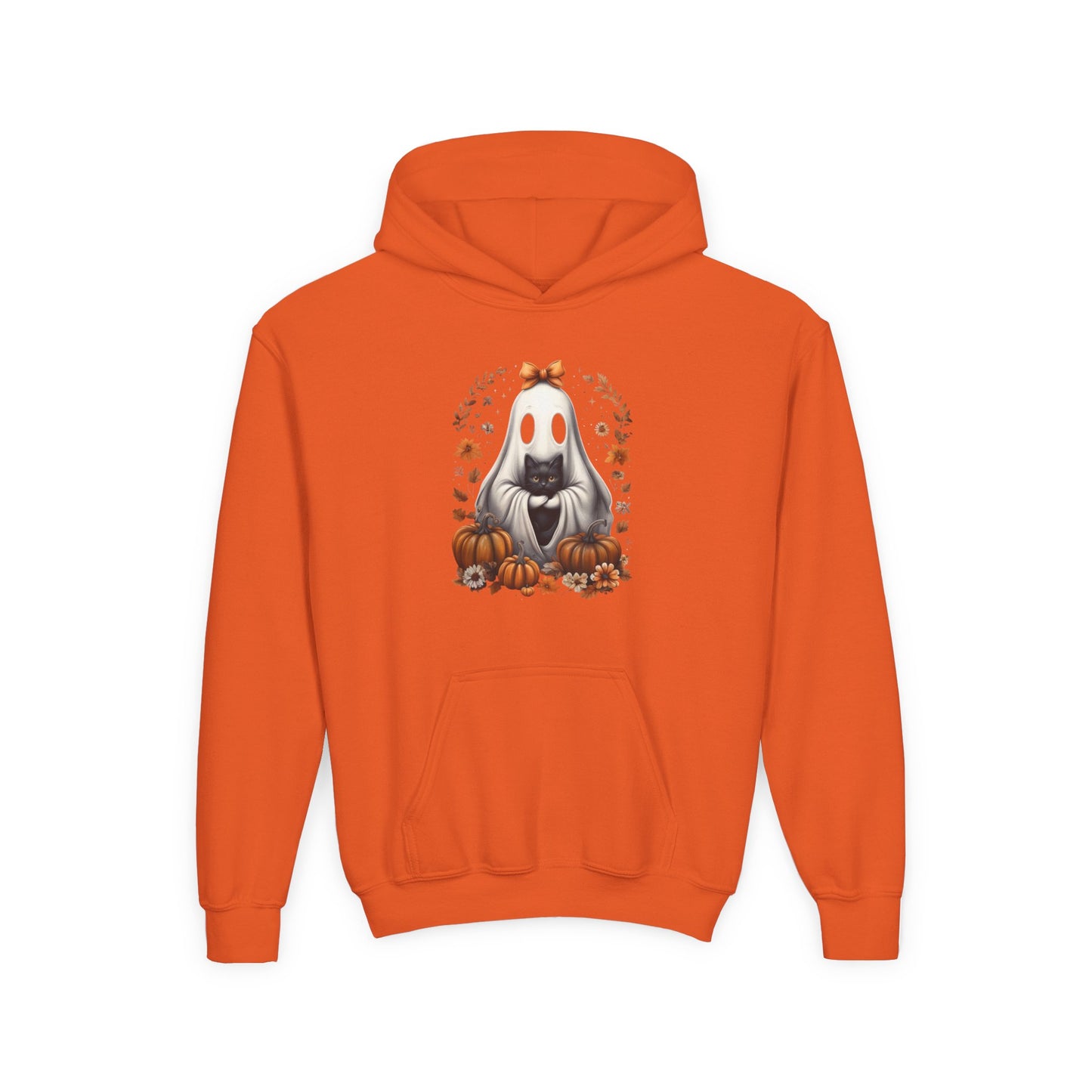 Cute Ghost and Black Cat Halloween T-Shirt | Cozy Fall Pumpkin Shirt | Spooky Season Aesthetic Apparel Gift for Halloween Lovers Kids Hoodie
