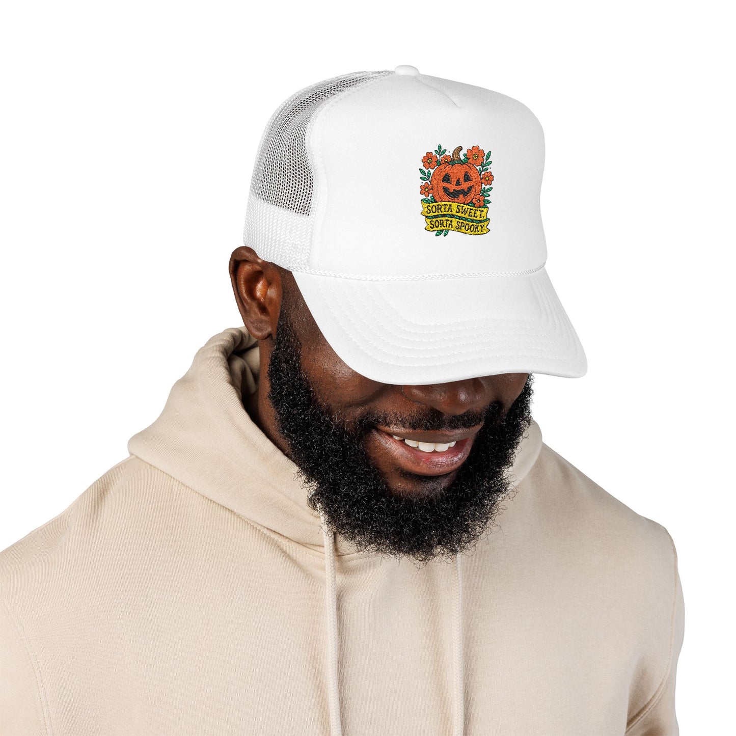 Cute Pumpkin Design – Sorta Sweet, Sorta Spooky Halloween Artwork Trucker Hat Embroidered