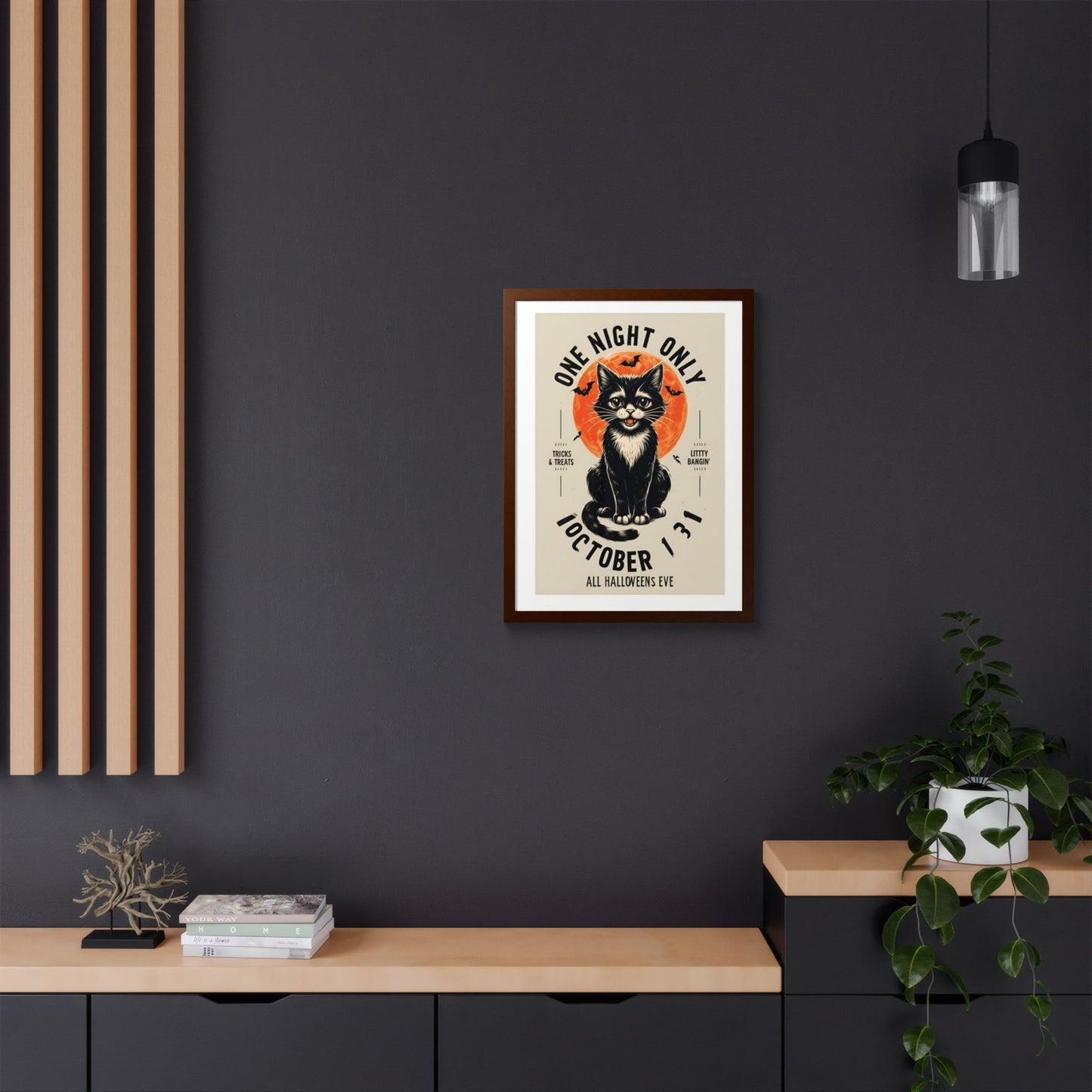 Halloween Black Cat Design | One Night Only October 31 Vintage Artwork Framed Print