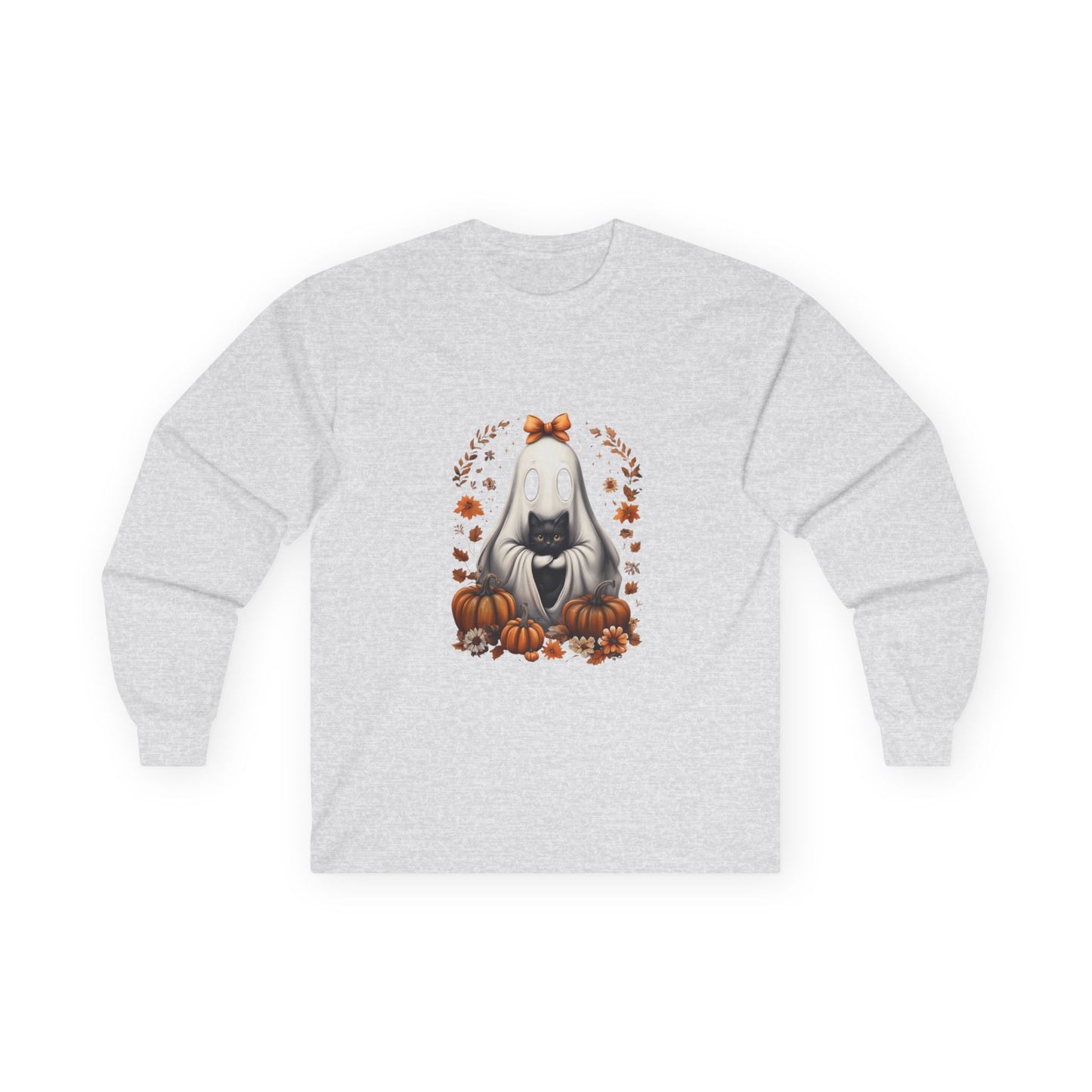 Cute Ghost and Black Cat Halloween T-Shirt | Cozy Fall Pumpkin Shirt | Spooky Season Aesthetic Apparel Gift for Halloween Lovers