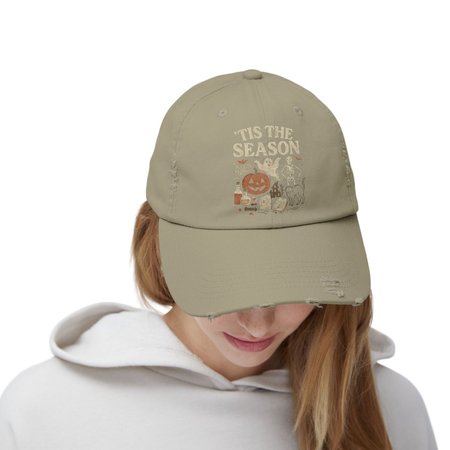 ‘Tis the Season Halloween  | Vintage Spooky Season Shirt with Ghost, Skeleton & Pumpkin | Retro Halloween Graphic Tee for Fall Distressed cap