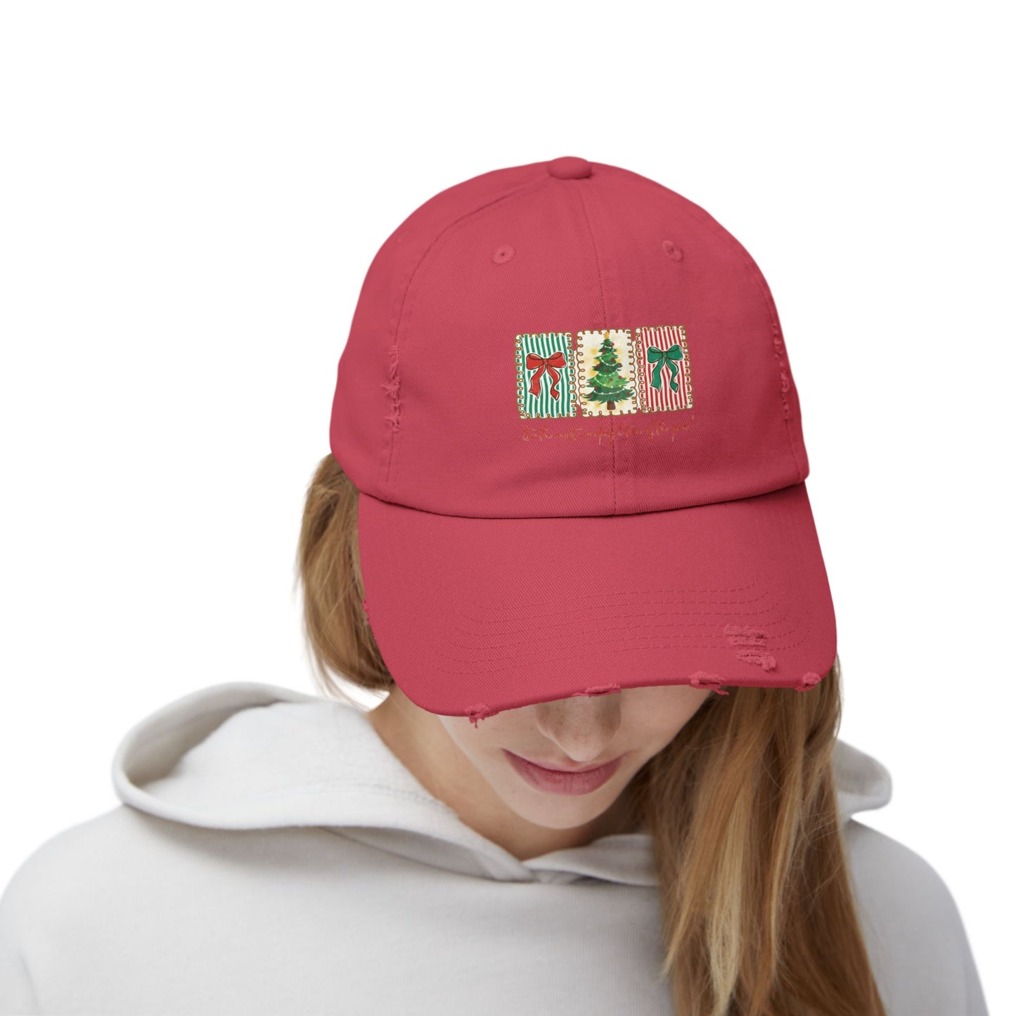 Festive Christmas Tree & Bow Design | It’s the Most Wonderful Time of the Year – Holiday Shirt, Mug, Tote & Home Decor Distressed cap
