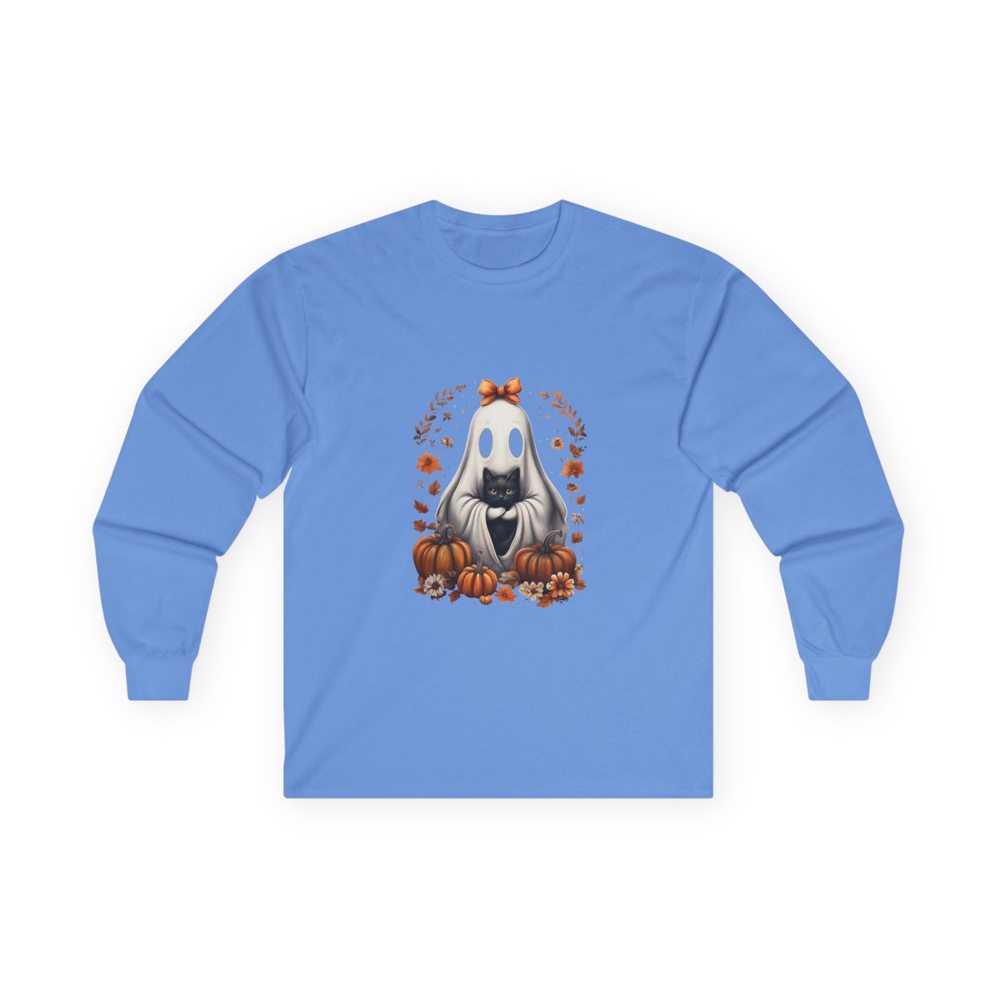 Cute Ghost and Black Cat Halloween T-Shirt | Cozy Fall Pumpkin Shirt | Spooky Season Aesthetic Apparel Gift for Halloween Lovers