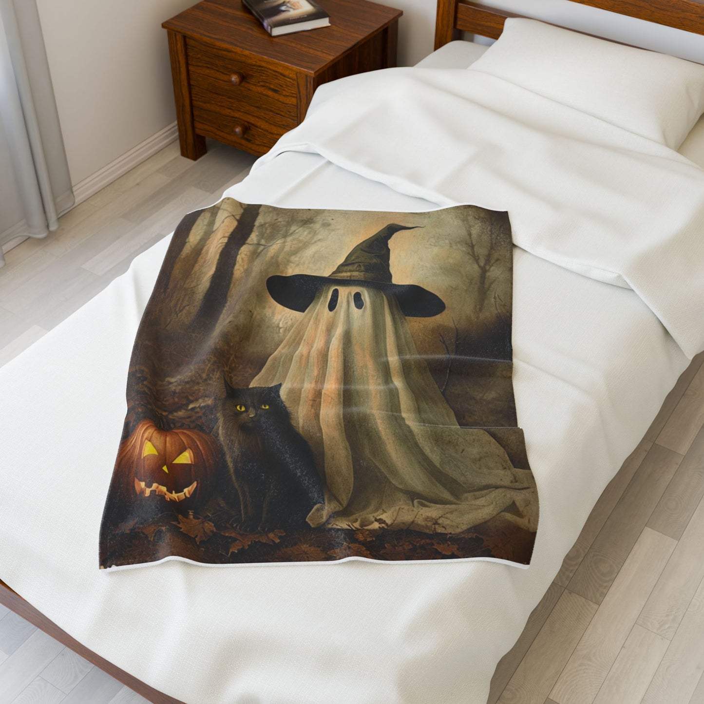Halloween Ghost Plush Blanket for Cozy Nights, Fall Decor, Gift for Cat Lovers, Pumpkin Design, Cozy Home Accessory, Blanket