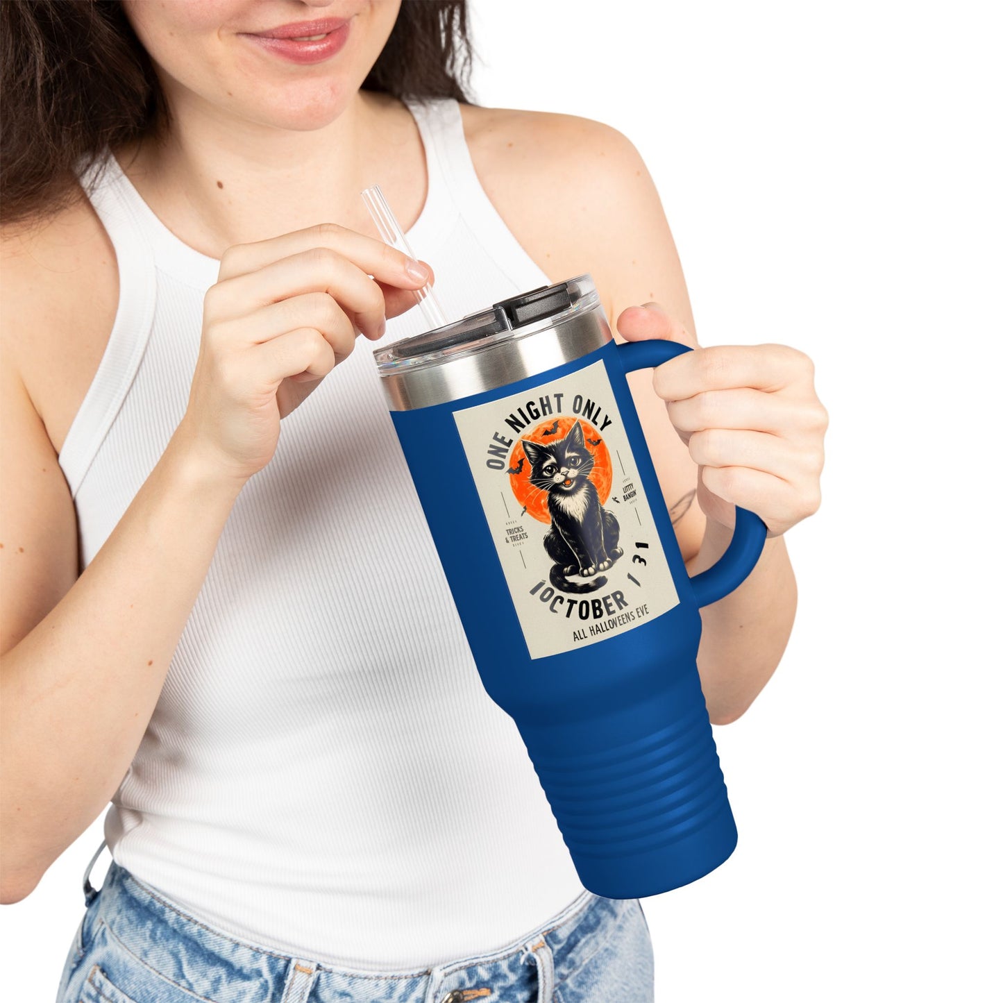 Halloween Black Cat Design | One Night Only October 31 Vintage Artwork Travel Mug