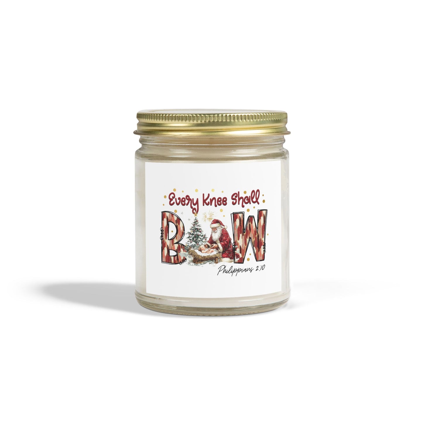 Every Knee Shall Bow Philippians 2:10 | Christian Christmas Design with Santa & Baby Jesus | Faith-Based Holiday Gift Candle