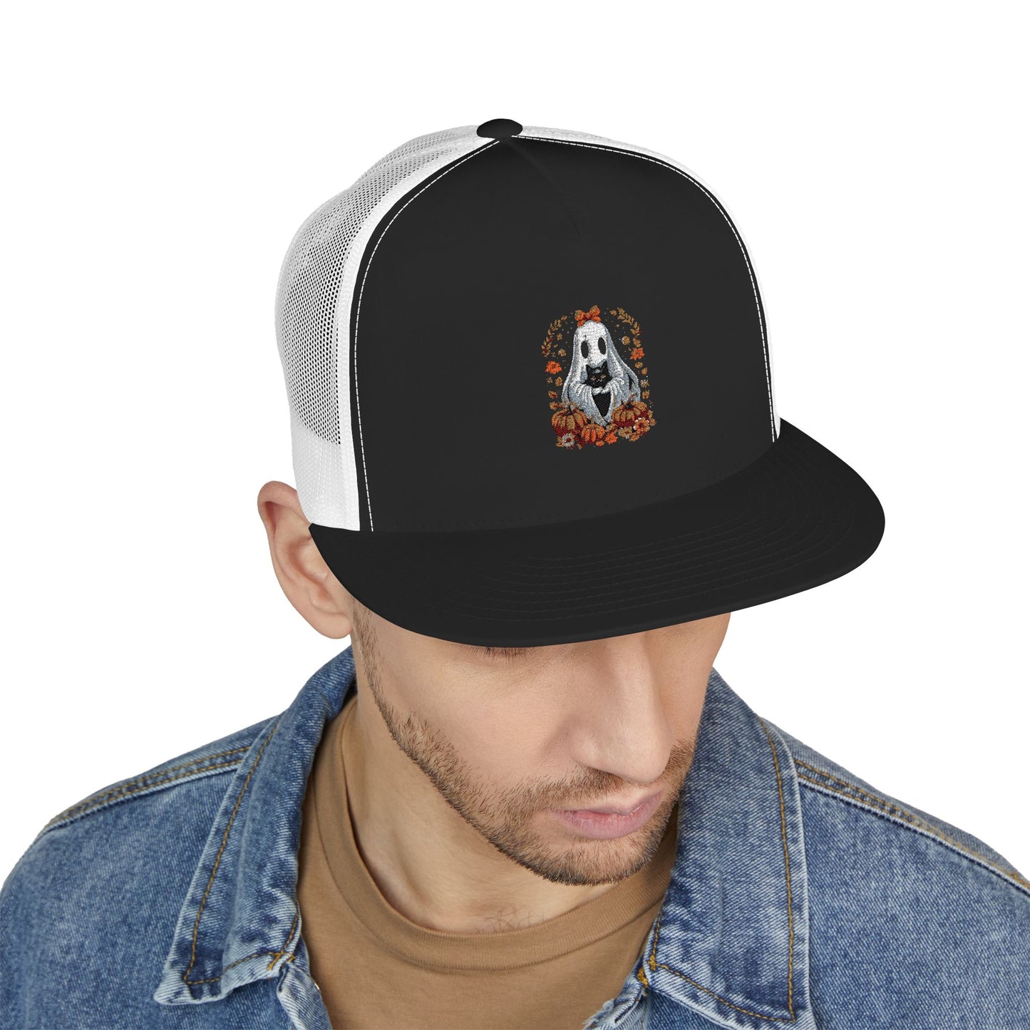Cute Ghost and Black Cat Halloween T-Shirt | Cozy Fall Pumpkin Shirt | Spooky Season Aesthetic Apparel Gift for Halloween Lovers 5 Panel Trucker