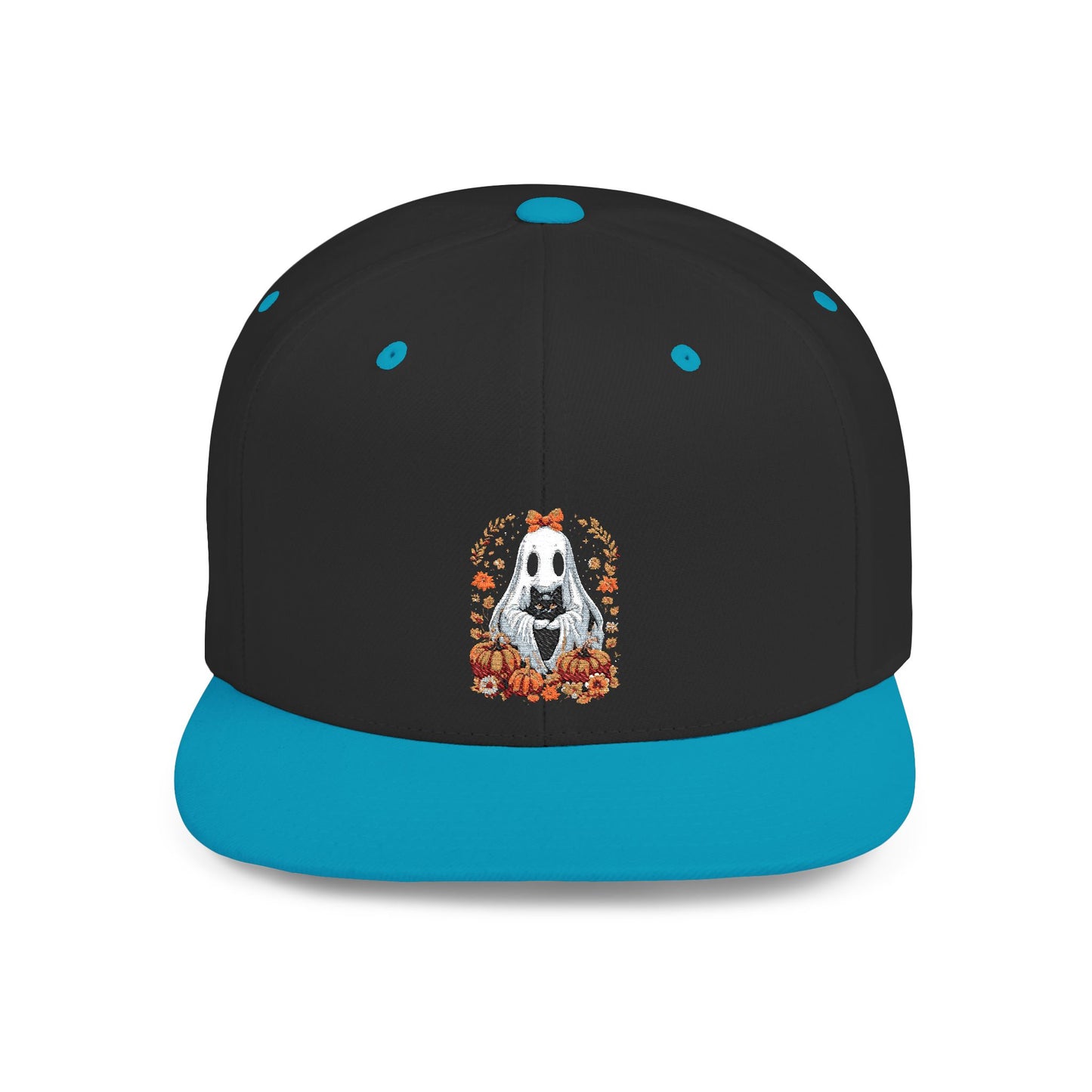 Cute Ghost and Black Cat Halloween T-Shirt | Cozy Fall Pumpkin Shirt | Spooky Season Aesthetic Apparel Gift for Halloween Lovers Snapback Cap