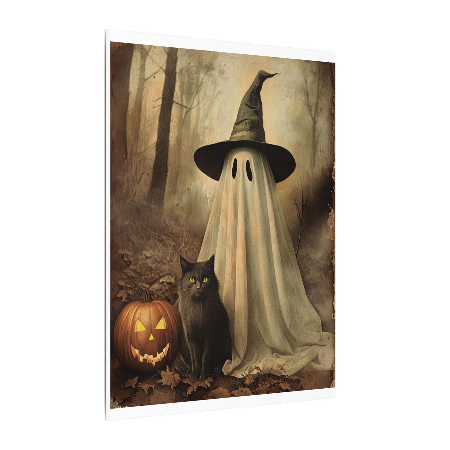 Halloween Ghost Art Canvas Print, Spooky Home Decor, Cat & Pumpkin Wall Art, Witchy Vibe, Fall Season Decoration, Trick or Treat, Canvas Print